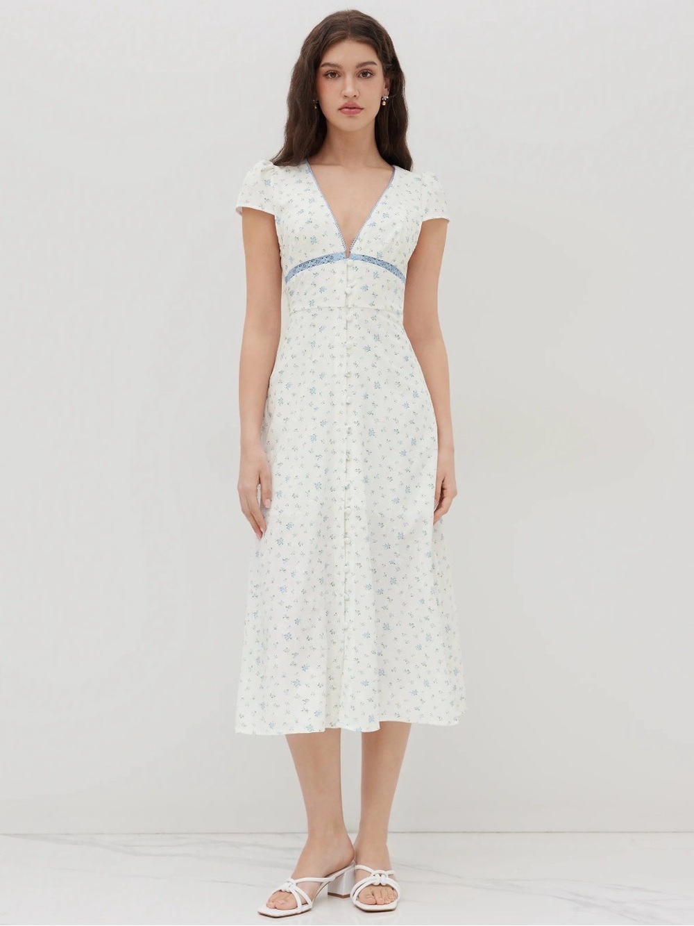 Cider Blue Floral Button Midi Dress Large Cottagecore V Neck Garden Tea Party